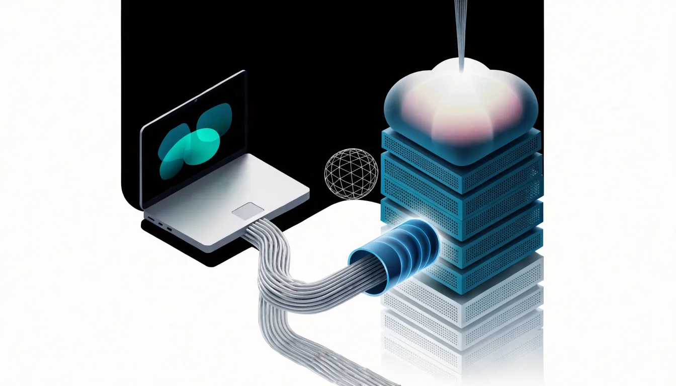 Minh họa máy tính truyền tệp đến máy chủ hosting qua kết nối mạng